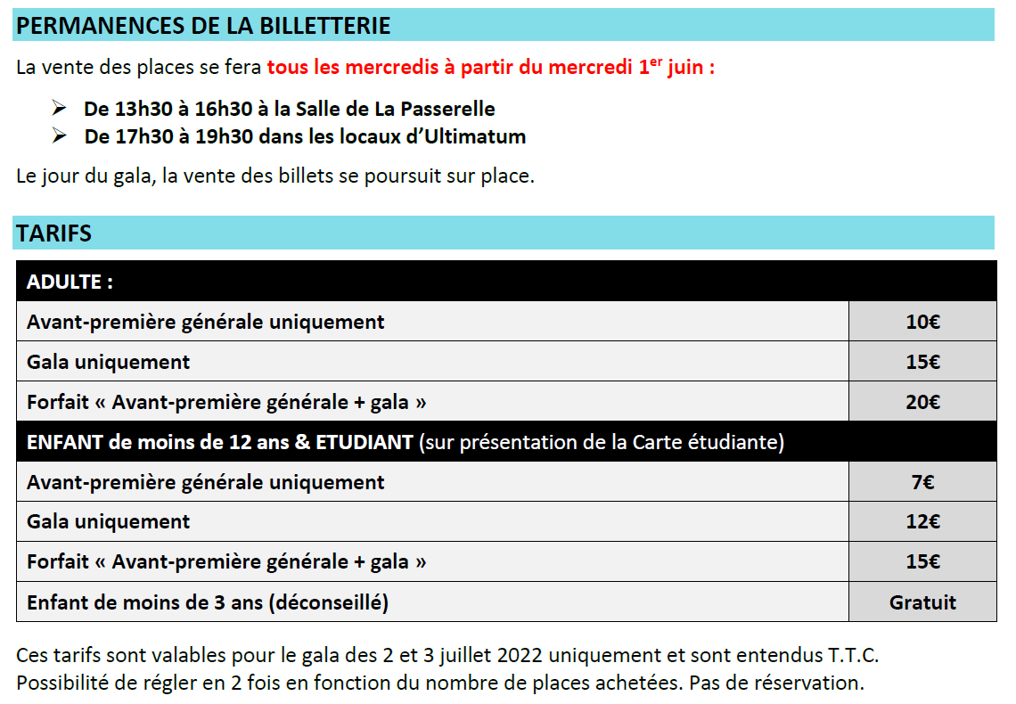 Tarifs gala 2022